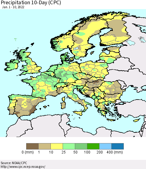 Europe Precipitation 10-Day (CPC) Thematic Map For 1/1/2022 - 1/10/2022