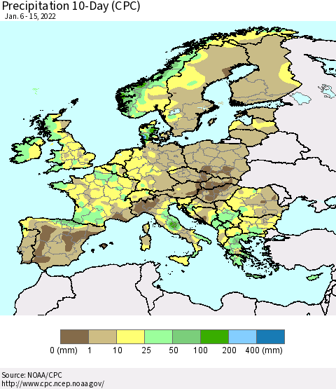 Europe Precipitation 10-Day (CPC) Thematic Map For 1/6/2022 - 1/15/2022