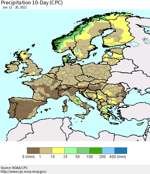Europe Precipitation 10-Day (CPC) Thematic Map For 1/11/2022 - 1/20/2022