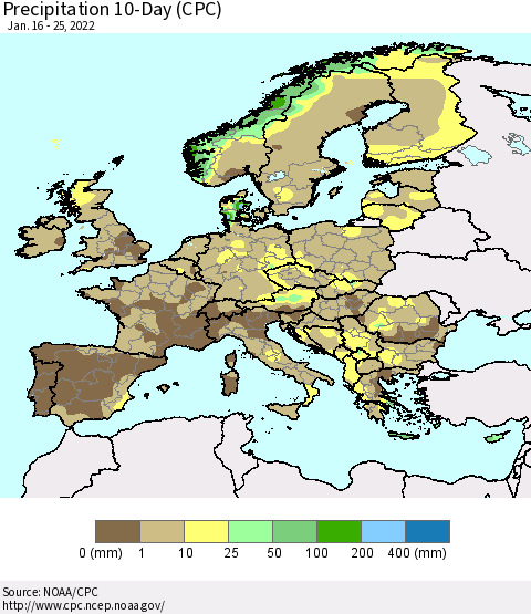 Europe Precipitation 10-Day (CPC) Thematic Map For 1/16/2022 - 1/25/2022