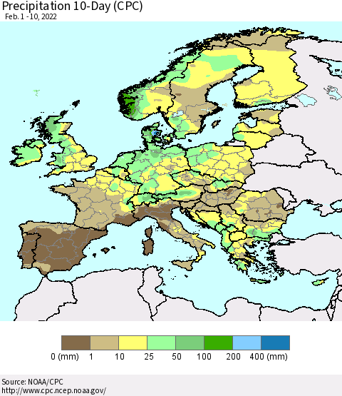 Europe Precipitation 10-Day (CPC) Thematic Map For 2/1/2022 - 2/10/2022