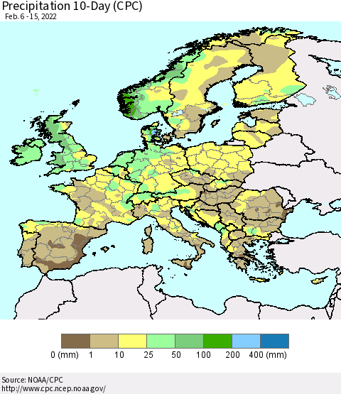 Europe Precipitation 10-Day (CPC) Thematic Map For 2/6/2022 - 2/15/2022
