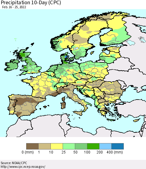 Europe Precipitation 10-Day (CPC) Thematic Map For 2/16/2022 - 2/25/2022