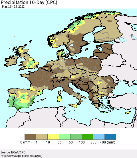 Europe Precipitation 10-Day (CPC) Thematic Map For 3/16/2022 - 3/25/2022