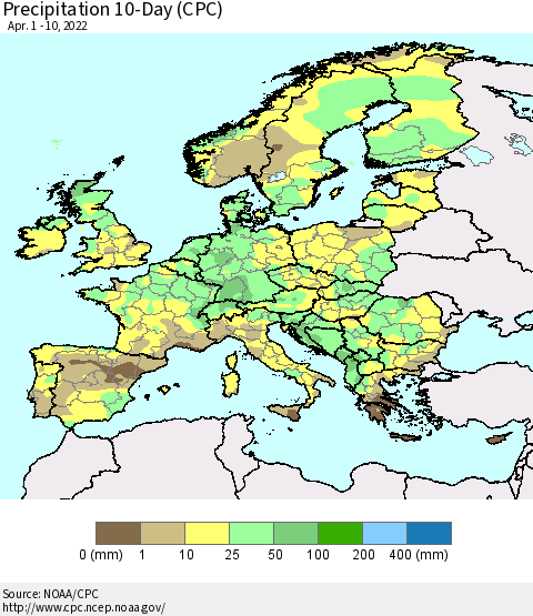 Europe Precipitation 10-Day (CPC) Thematic Map For 4/1/2022 - 4/10/2022