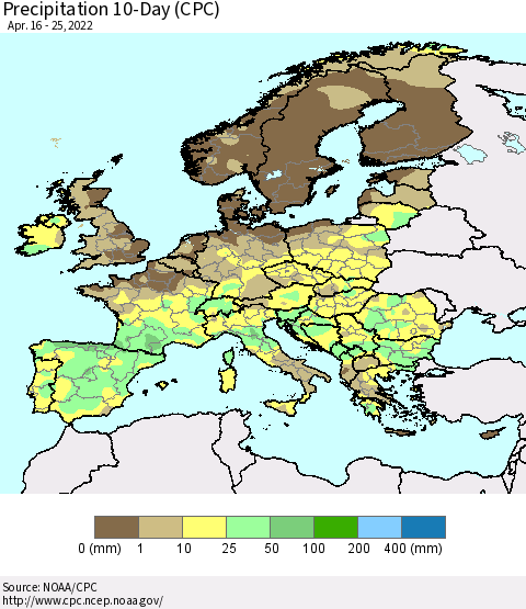 Europe Precipitation 10-Day (CPC) Thematic Map For 4/16/2022 - 4/25/2022
