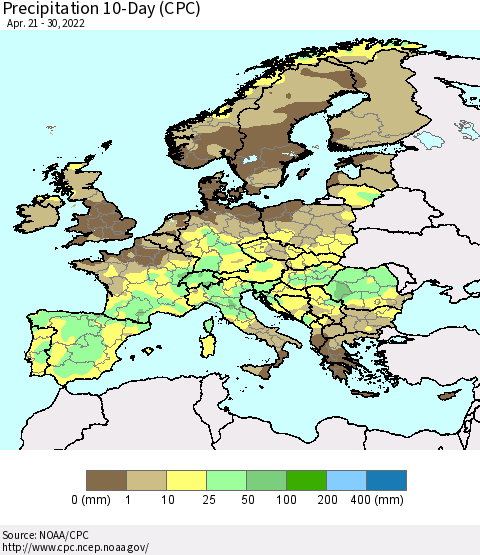 Europe Precipitation 10-Day (CPC) Thematic Map For 4/21/2022 - 4/30/2022