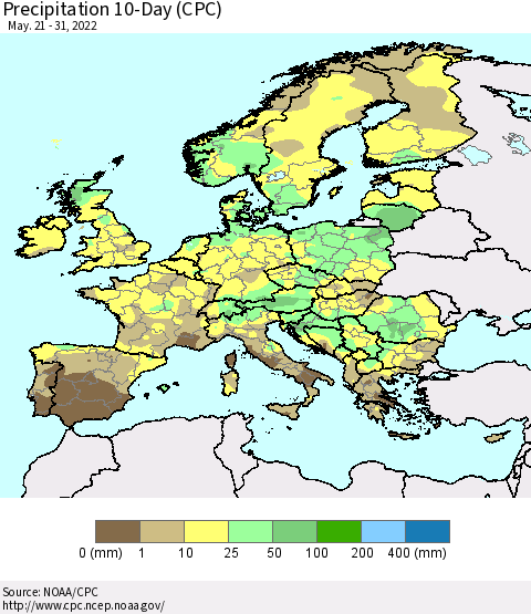 Europe Precipitation 10-Day (CPC) Thematic Map For 5/21/2022 - 5/31/2022