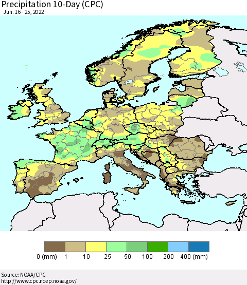 Europe Precipitation 10-Day (CPC) Thematic Map For 6/16/2022 - 6/25/2022
