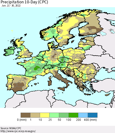 Europe Precipitation 10-Day (CPC) Thematic Map For 6/21/2022 - 6/30/2022