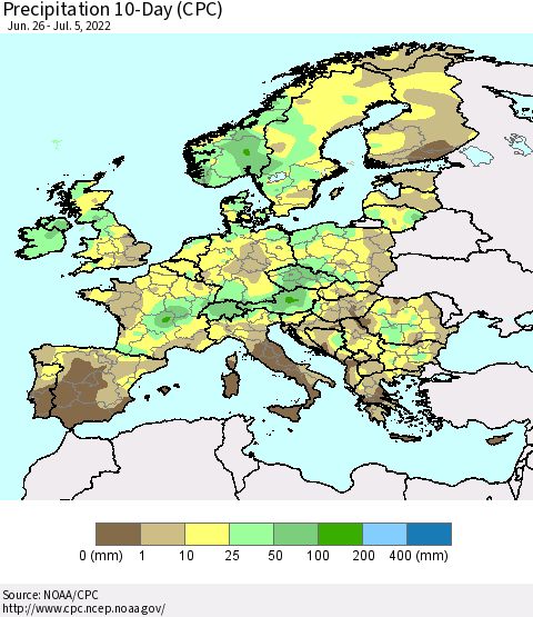 Europe Precipitation 10-Day (CPC) Thematic Map For 6/26/2022 - 7/5/2022