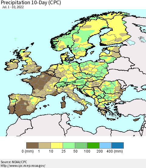 Europe Precipitation 10-Day (CPC) Thematic Map For 7/1/2022 - 7/10/2022