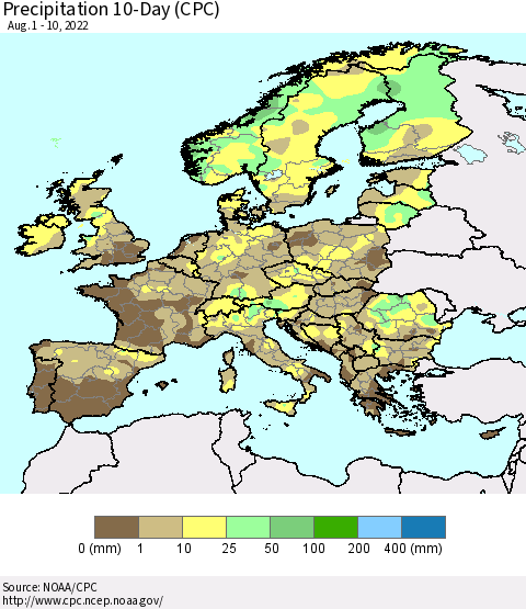 Europe Precipitation 10-Day (CPC) Thematic Map For 8/1/2022 - 8/10/2022