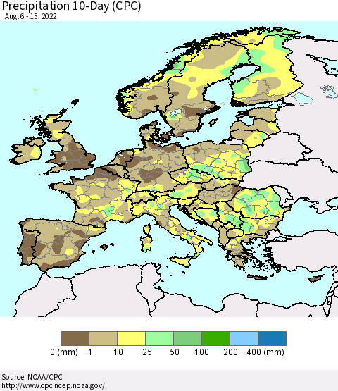 Europe Precipitation 10-Day (CPC) Thematic Map For 8/6/2022 - 8/15/2022