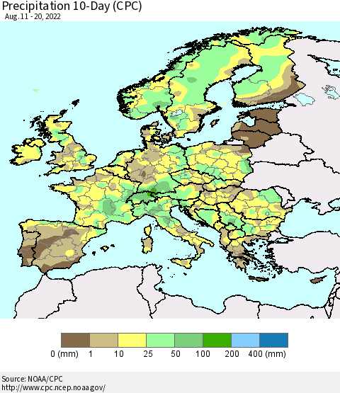 Europe Precipitation 10-Day (CPC) Thematic Map For 8/11/2022 - 8/20/2022