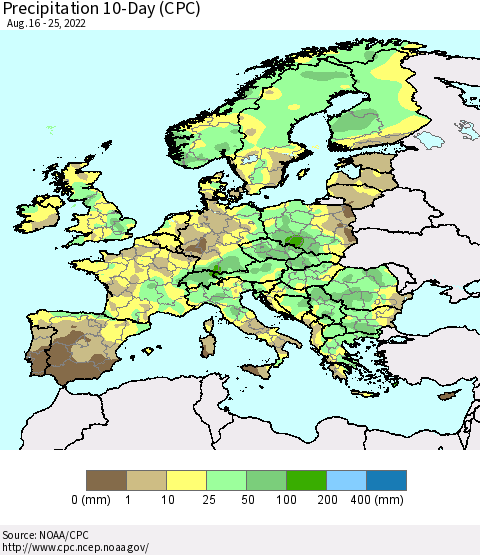 Europe Precipitation 10-Day (CPC) Thematic Map For 8/16/2022 - 8/25/2022