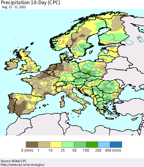 Europe Precipitation 10-Day (CPC) Thematic Map For 8/21/2022 - 8/31/2022