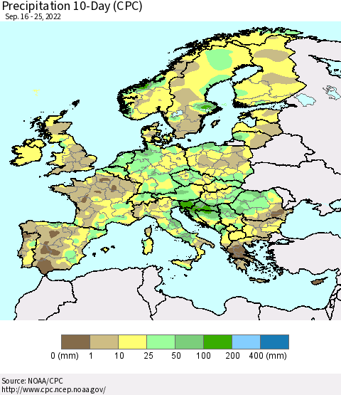 Europe Precipitation 10-Day (CPC) Thematic Map For 9/16/2022 - 9/25/2022