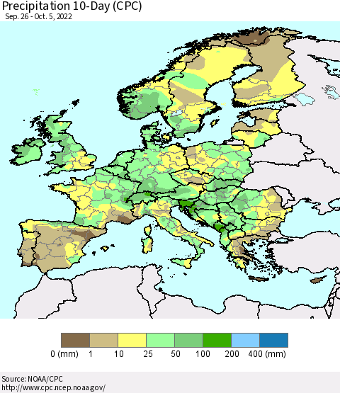 Europe Precipitation 10-Day (CPC) Thematic Map For 9/26/2022 - 10/5/2022