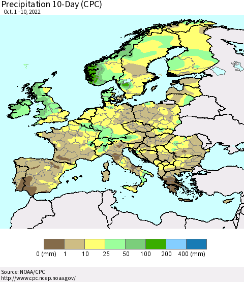 Europe Precipitation 10-Day (CPC) Thematic Map For 10/1/2022 - 10/10/2022