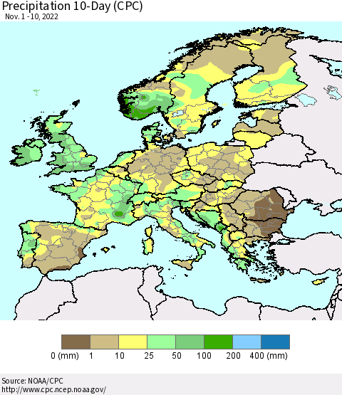 Europe Precipitation 10-Day (CPC) Thematic Map For 11/1/2022 - 11/10/2022