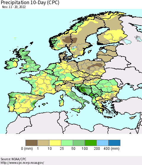 Europe Precipitation 10-Day (CPC) Thematic Map For 11/11/2022 - 11/20/2022