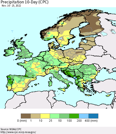 Europe Precipitation 10-Day (CPC) Thematic Map For 11/16/2022 - 11/25/2022