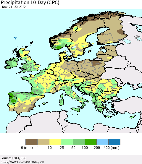 Europe Precipitation 10-Day (CPC) Thematic Map For 11/21/2022 - 11/30/2022