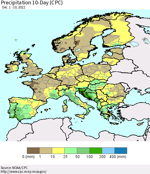 Europe Precipitation 10-Day (CPC) Thematic Map For 12/1/2022 - 12/10/2022