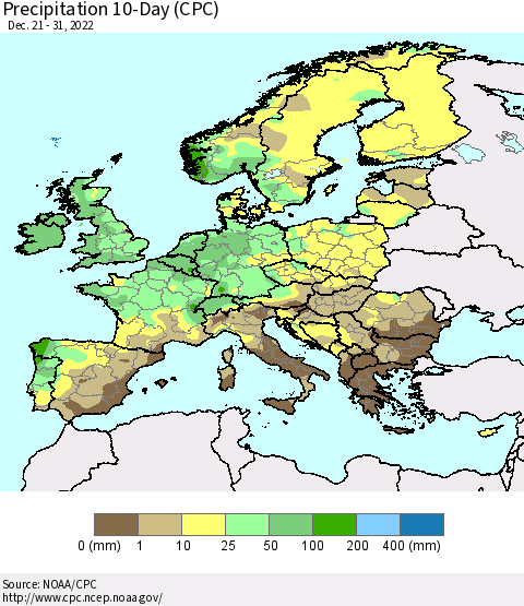 Europe Precipitation 10-Day (CPC) Thematic Map For 12/21/2022 - 12/31/2022
