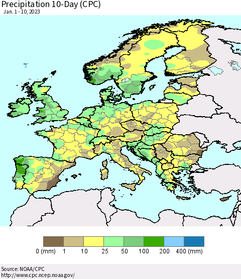 Europe Precipitation 10-Day (CPC) Thematic Map For 1/1/2023 - 1/10/2023