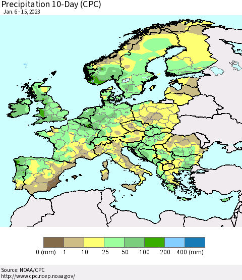 Europe Precipitation 10-Day (CPC) Thematic Map For 1/6/2023 - 1/15/2023