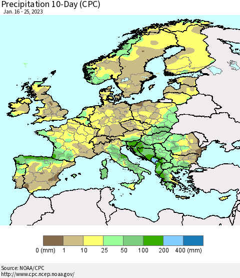 Europe Precipitation 10-Day (CPC) Thematic Map For 1/16/2023 - 1/25/2023