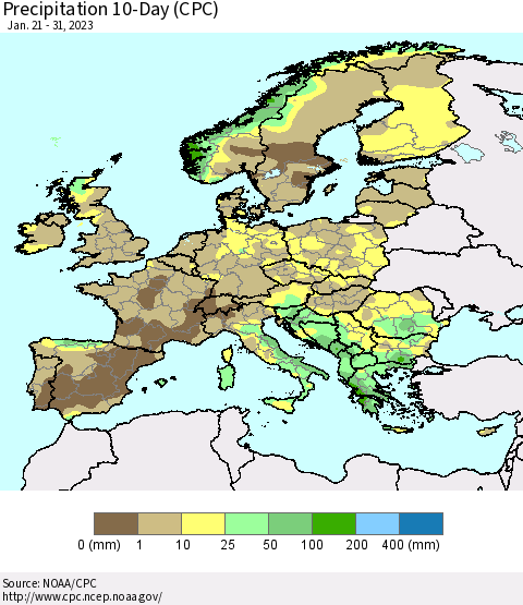 Europe Precipitation 10-Day (CPC) Thematic Map For 1/21/2023 - 1/31/2023