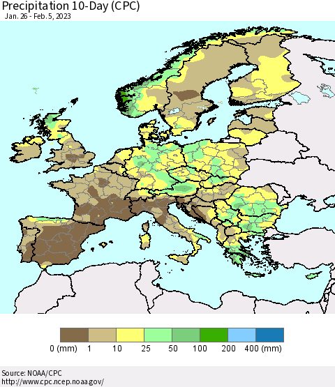 Europe Precipitation 10-Day (CPC) Thematic Map For 1/26/2023 - 2/5/2023