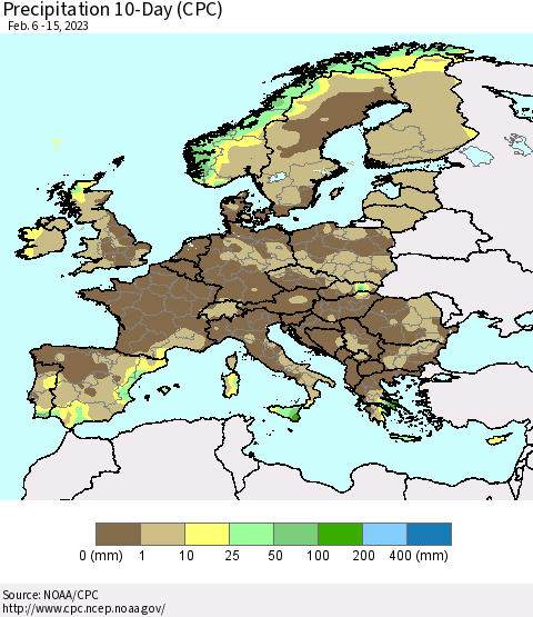 Europe Precipitation 10-Day (CPC) Thematic Map For 2/6/2023 - 2/15/2023