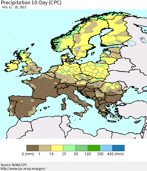 Europe Precipitation 10-Day (CPC) Thematic Map For 2/11/2023 - 2/20/2023