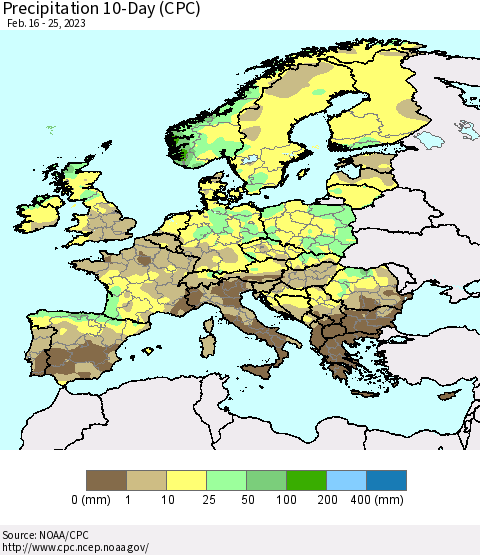 Europe Precipitation 10-Day (CPC) Thematic Map For 2/16/2023 - 2/25/2023