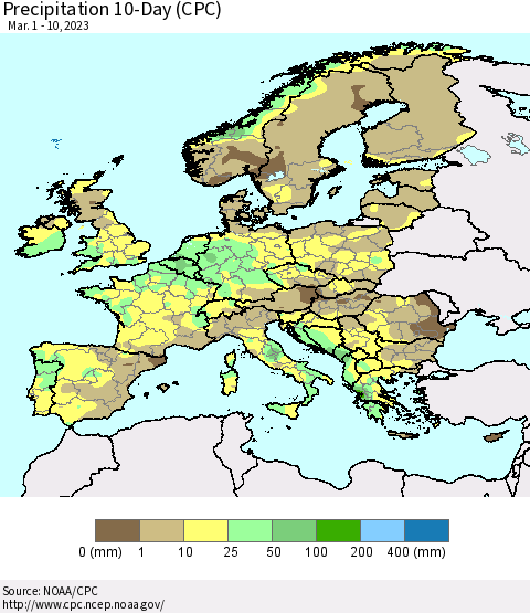 Europe Precipitation 10-Day (CPC) Thematic Map For 3/1/2023 - 3/10/2023