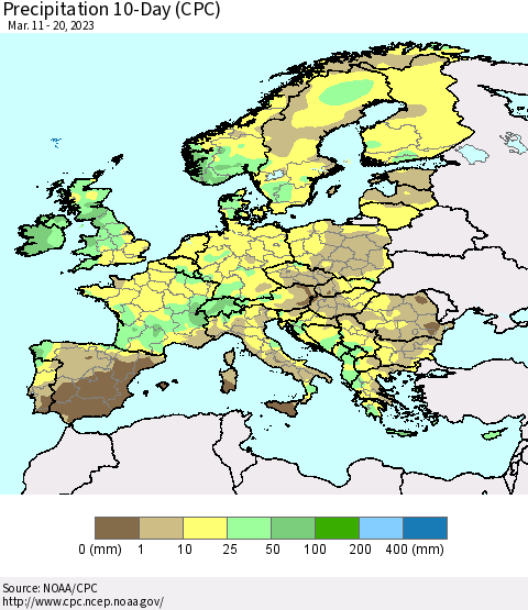 Europe Precipitation 10-Day (CPC) Thematic Map For 3/11/2023 - 3/20/2023