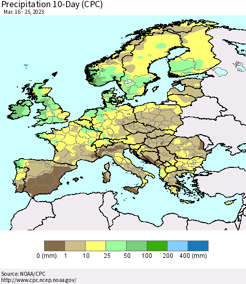 Europe Precipitation 10-Day (CPC) Thematic Map For 3/16/2023 - 3/25/2023