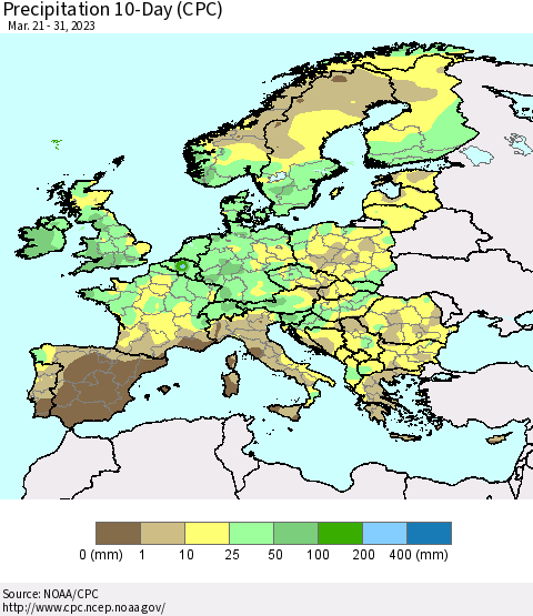Europe Precipitation 10-Day (CPC) Thematic Map For 3/21/2023 - 3/31/2023