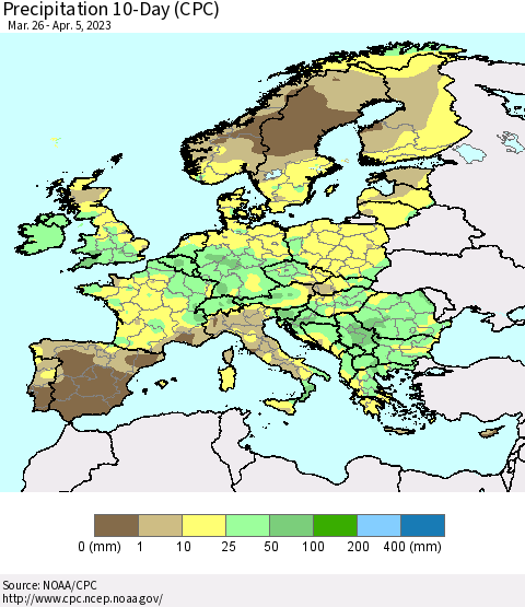 Europe Precipitation 10-Day (CPC) Thematic Map For 3/26/2023 - 4/5/2023