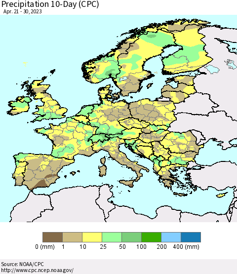 Europe Precipitation 10-Day (CPC) Thematic Map For 4/21/2023 - 4/30/2023