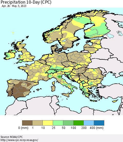 Europe Precipitation 10-Day (CPC) Thematic Map For 4/26/2023 - 5/5/2023