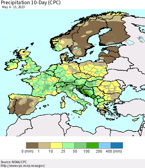 Europe Precipitation 10-Day (CPC) Thematic Map For 5/6/2023 - 5/15/2023