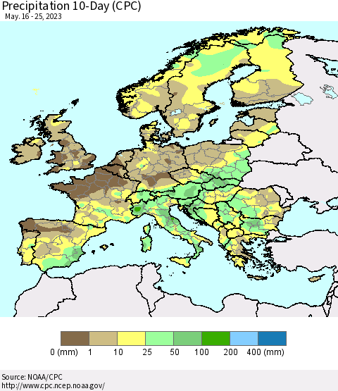 Europe Precipitation 10-Day (CPC) Thematic Map For 5/16/2023 - 5/25/2023