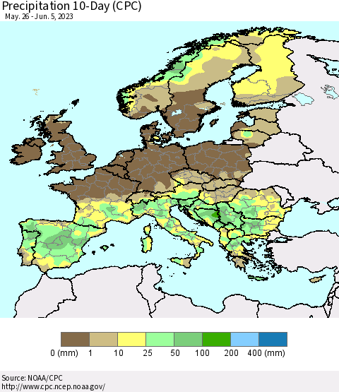 Europe Precipitation 10-Day (CPC) Thematic Map For 5/26/2023 - 6/5/2023