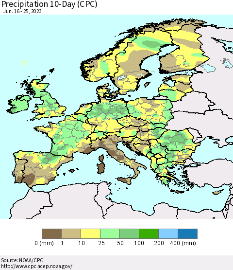 Europe Precipitation 10-Day (CPC) Thematic Map For 6/16/2023 - 6/25/2023