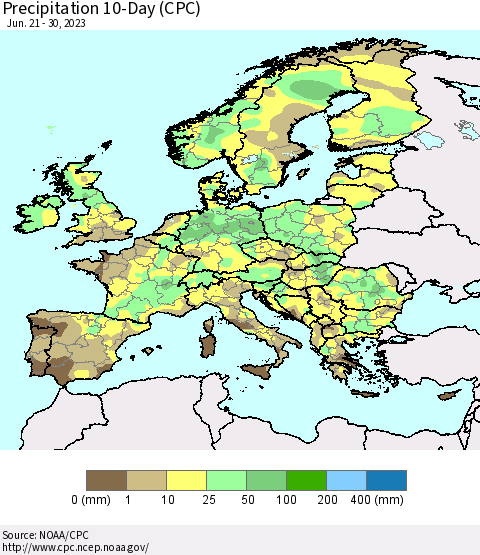 Europe Precipitation 10-Day (CPC) Thematic Map For 6/21/2023 - 6/30/2023